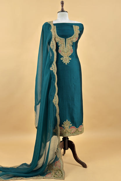 Teal Blue Pure Silk Suit With Gota Tilla Embroidery
