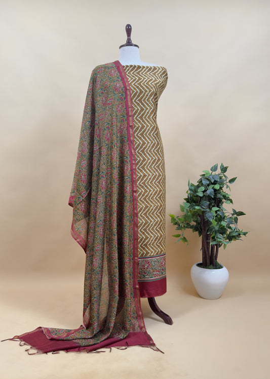 Peanut Brown And Red Ajrakh And Leheriya Handloom Maheshwari Silk Suit Fabric