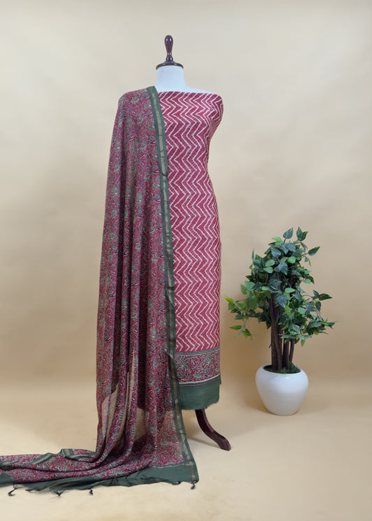 Hunter Green Ajrakh And Leheriya Handloom Maheshwari Silk Suit Fabric