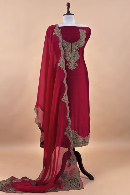 Red Pure Silk Suit With Gota Tilla Embroidery