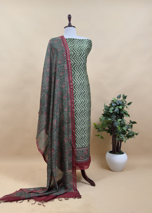 Fern Green And Red Ajrakh And Leheriya Handloom Maheshwari Silk Suit Fabric
