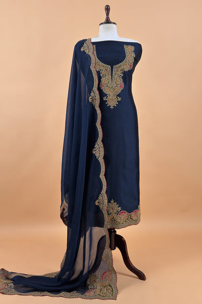 Navy Blue Pure Silk Suit With Gota Tilla Embroidery