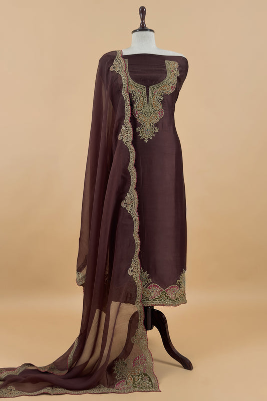 Brown Pure Silk Suit With Gota Tilla Embroidery