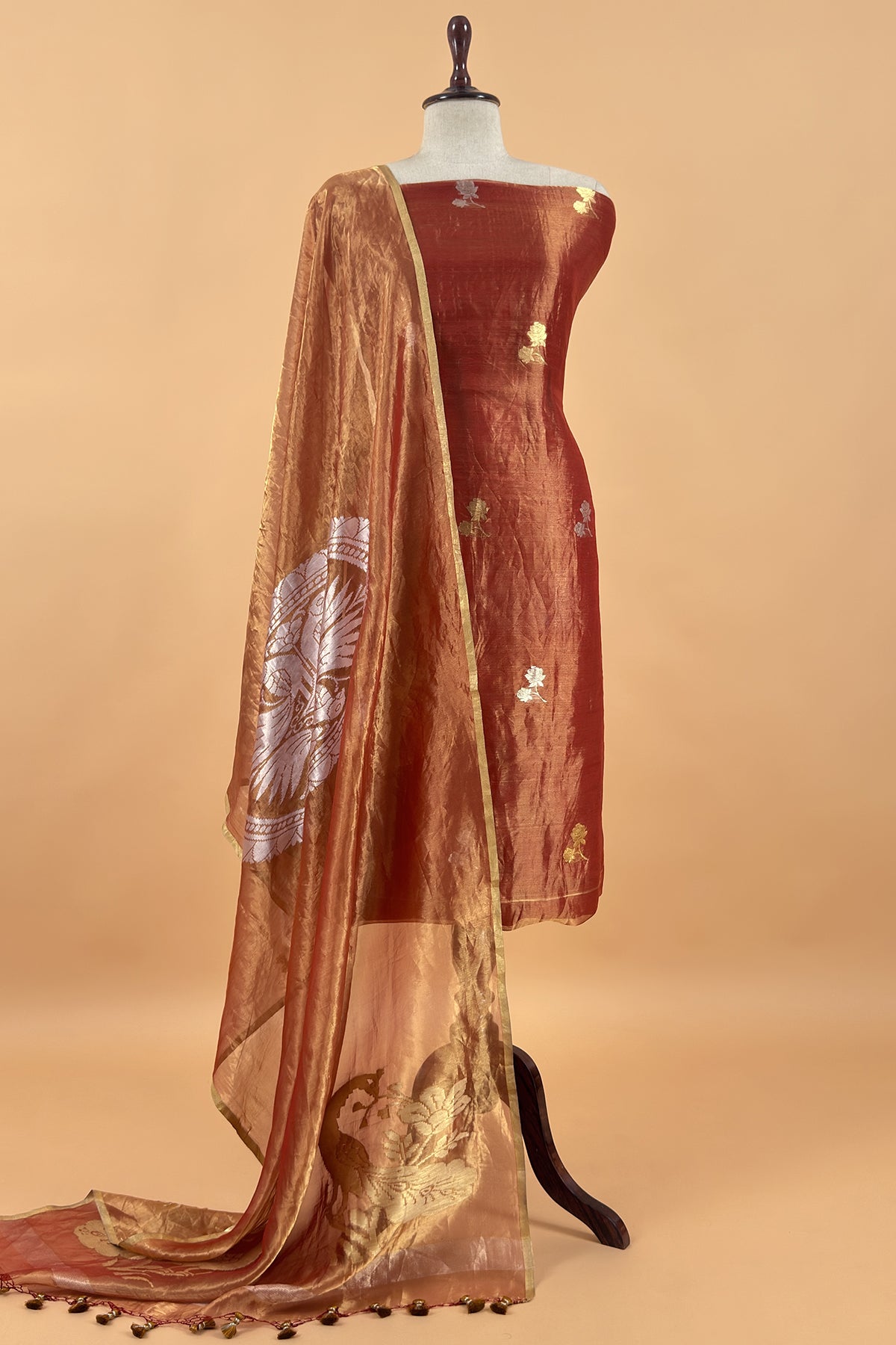 Rust Orange Handloom Tissue Silk Suit With Kadwa Weaves