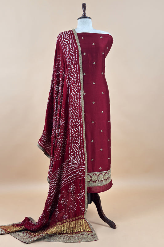 Sabhya Red Bandhani Pure silk Unstitched Suit with Dori and Dabka Handwork