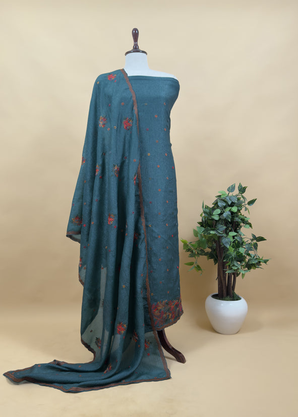 Midnight Blue Crushed Tissue Silk Suit With Floral Kantha Stitch Embroidery