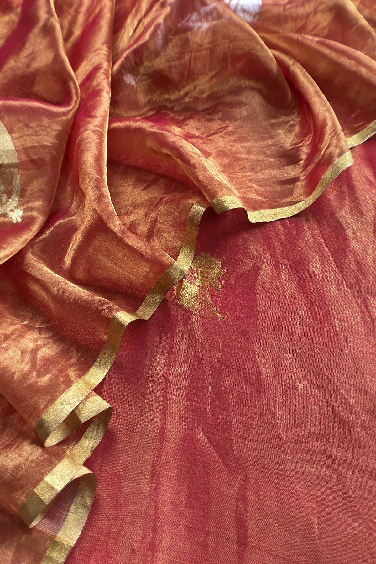 Rust Orange Handloom Tissue Silk Suit With Kadwa Weaves