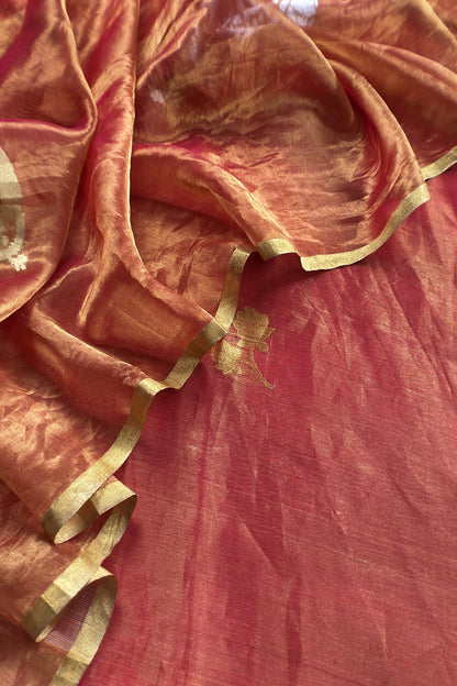 Rust Orange Handloom Tissue Silk Suit With Kadwa Weaves