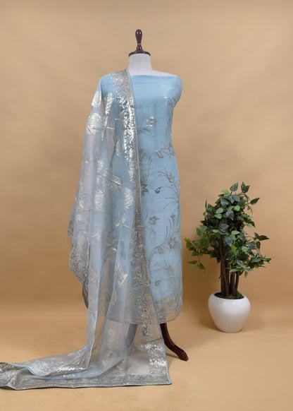 Sky Blue Pure Crushed Tissue Suit With Dupatta
