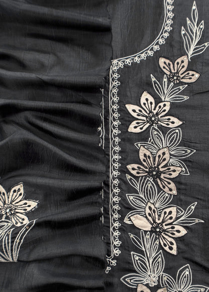 Black Satin Silk Suit Fabric with Dori And Zardosi Embroidery