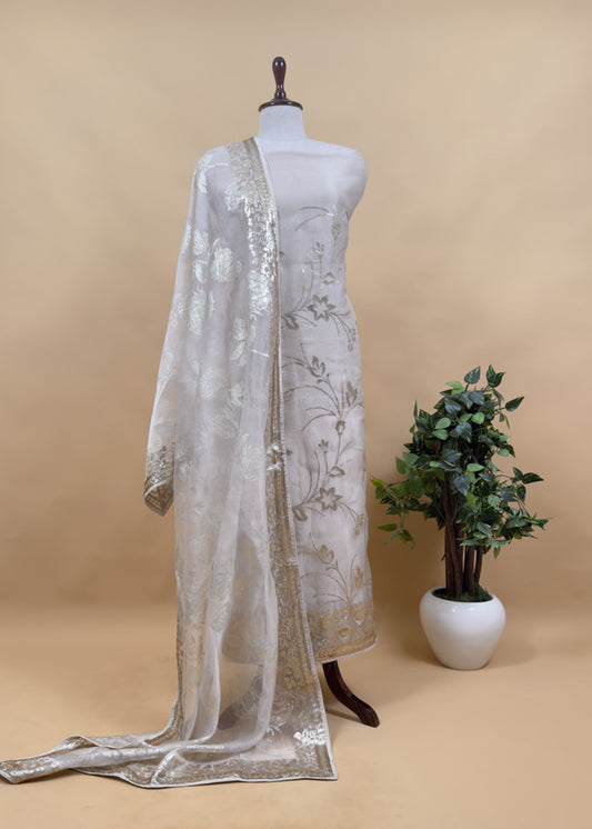 Off White Pure Crushed Tissue Suit With Dupatta
