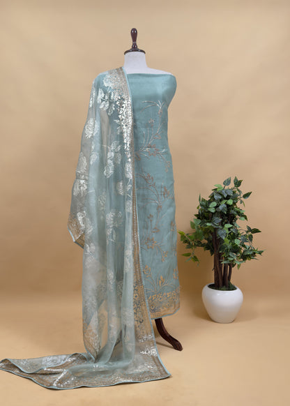 Sky Blue Pure Crushed Tissue Suit With Dupatta