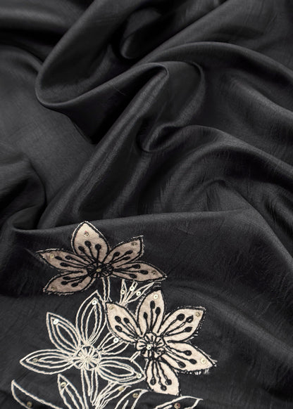 Black Satin Silk Suit Fabric with Dori And Zardosi Embroidery
