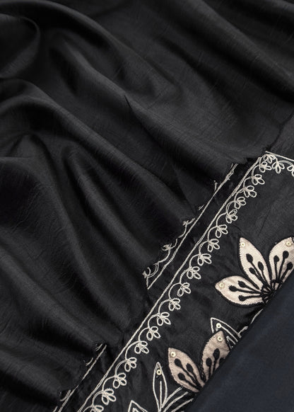 Black Satin Silk Suit Fabric with Dori And Zardosi Embroidery