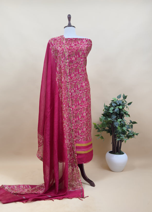 Floral Print Pure Maheshwari Silk Suit With Dupatta