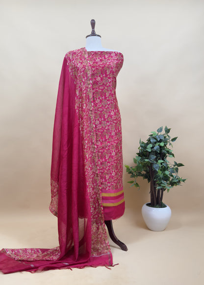 Floral Print Pure Maheshwari Silk Suit With Dupatta