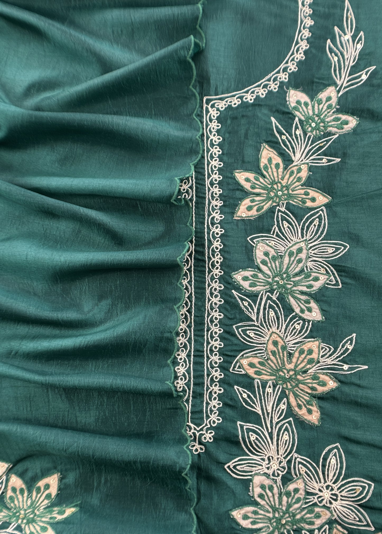 Bottle Green Satin Silk Suit Fabric With Dori And Zardosi Embroidery