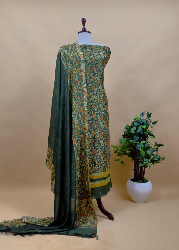 Floral Print Pure Maheshwari Silk Suit With Dupatta