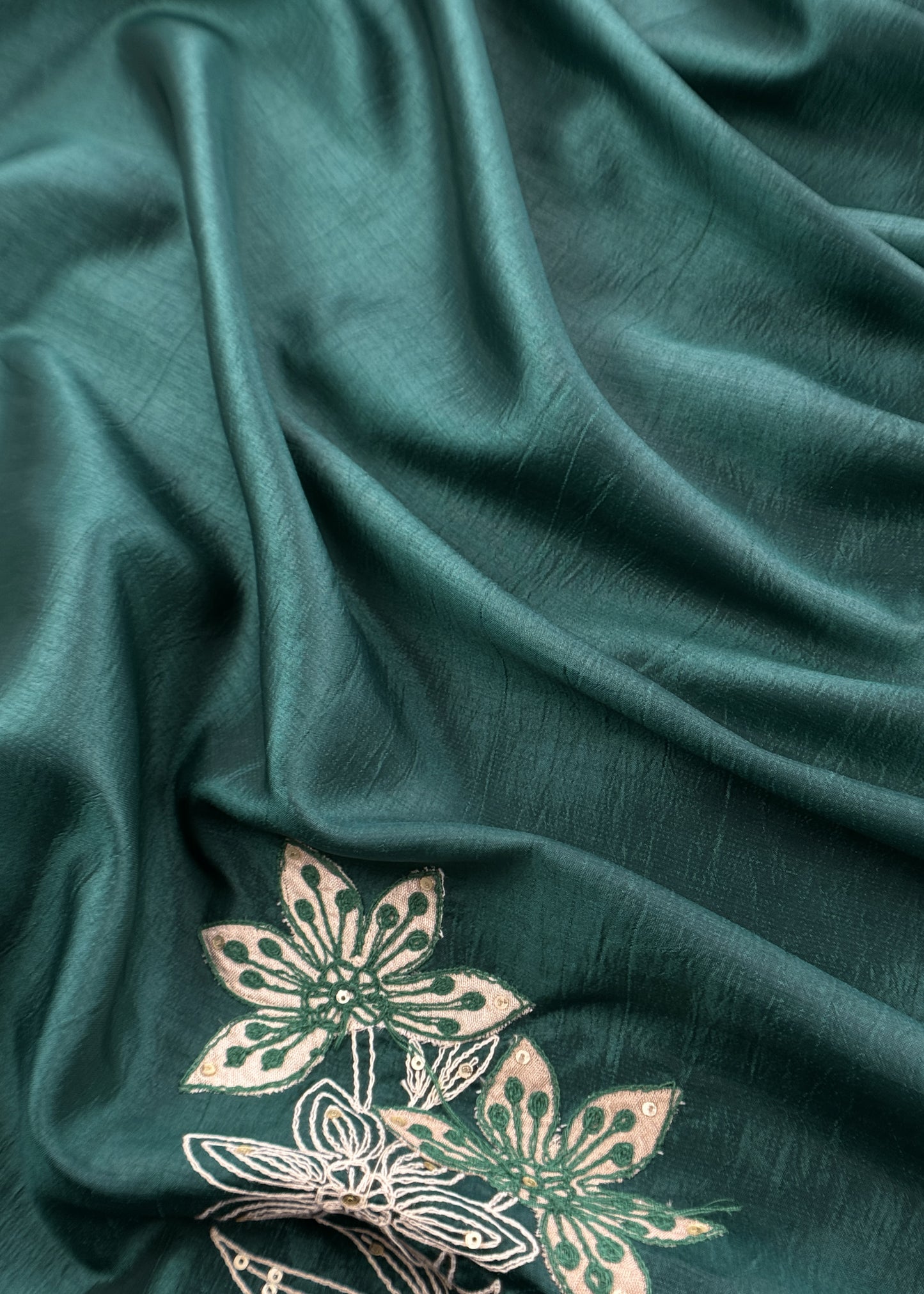 Bottle Green Satin Silk Suit Fabric With Dori And Zardosi Embroidery