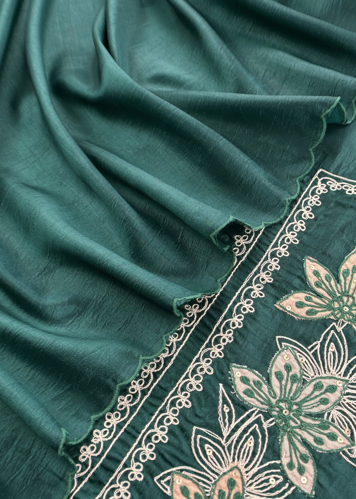 Bottle Green Satin Silk Suit Fabric With Dori And Zardosi Embroidery