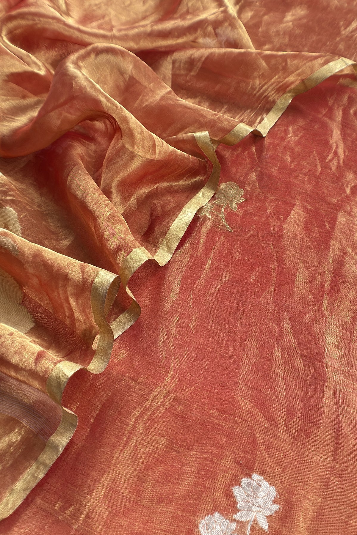 Rust Orange Handloom Tissue Silk Suit With Kadwa Weaves