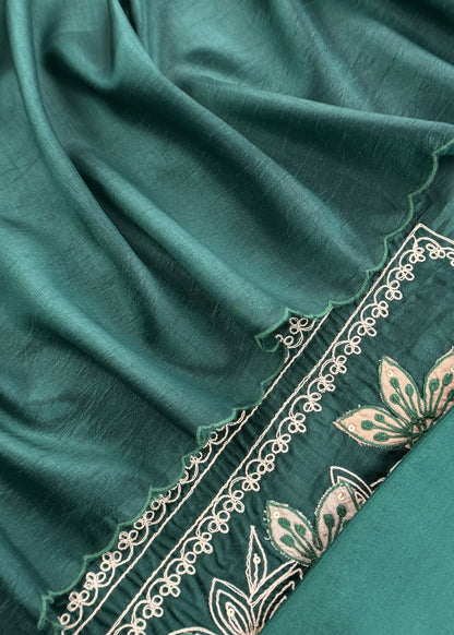 Bottle Green Satin Silk Suit Fabric With Dori And Zardosi Embroidery