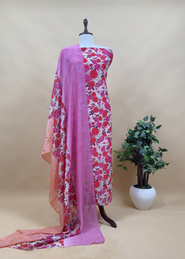 Pink Floral Maheshwari Silk Unstitched Suit With Dupatta