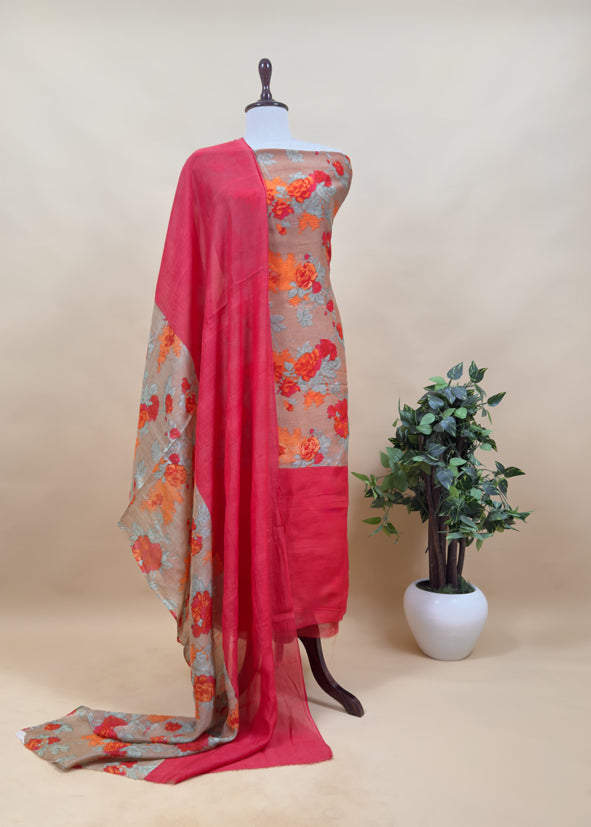 Pink Floral Maheshwari Silk Unstitched Suit With Dupatta