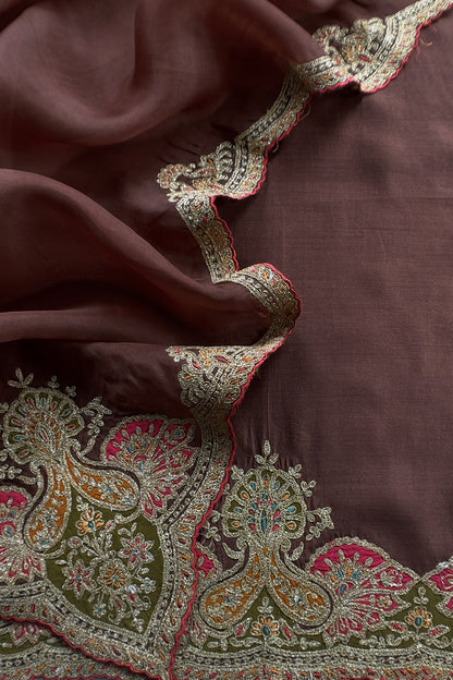 Brown Pure Silk Suit With Gota Tilla Embroidery