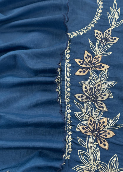 Royal Blue Satin Silk Suit Fabric With Dori And Zardosi Embroidery