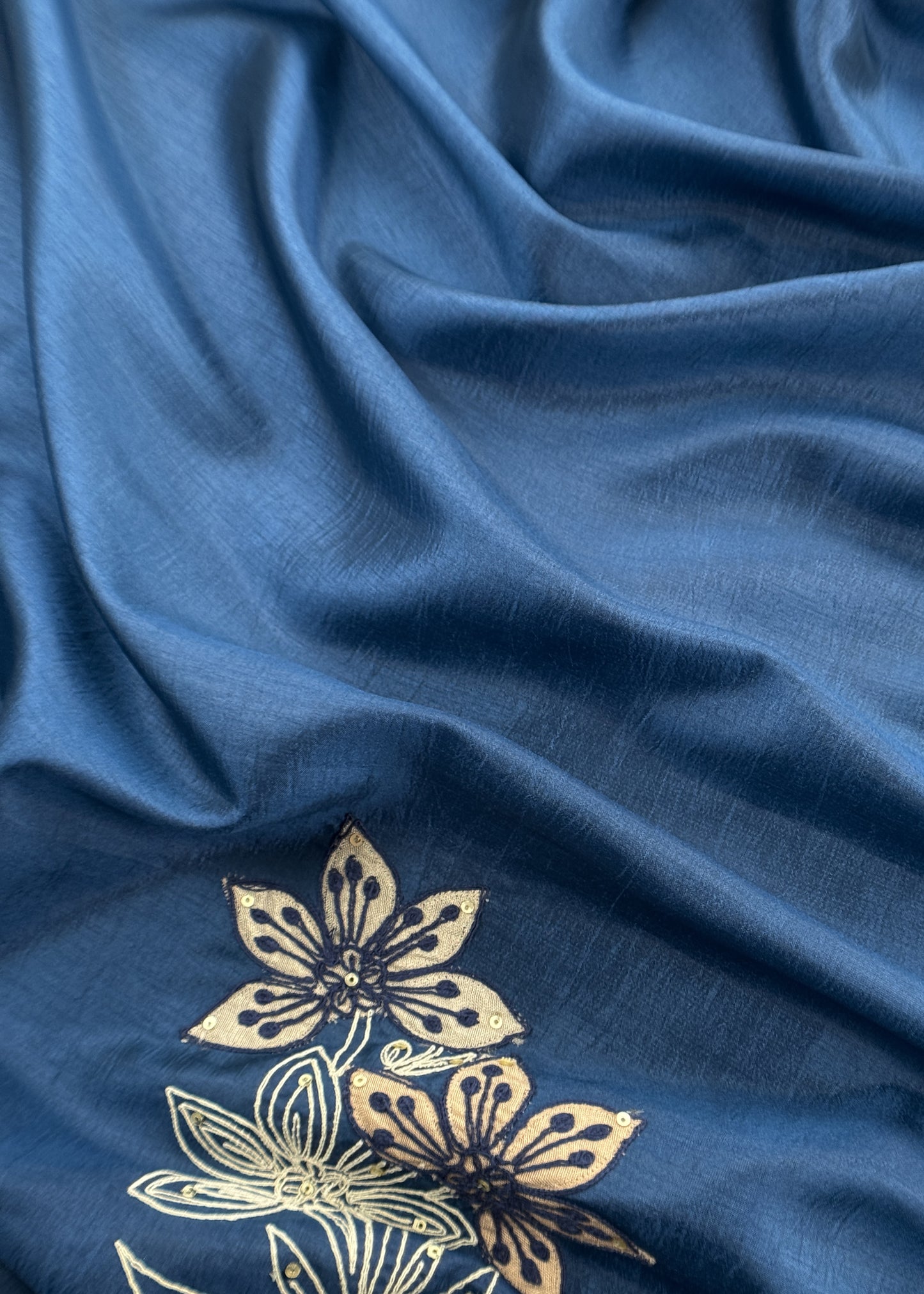 Royal Blue Satin Silk Suit Fabric With Dori And Zardosi Embroidery