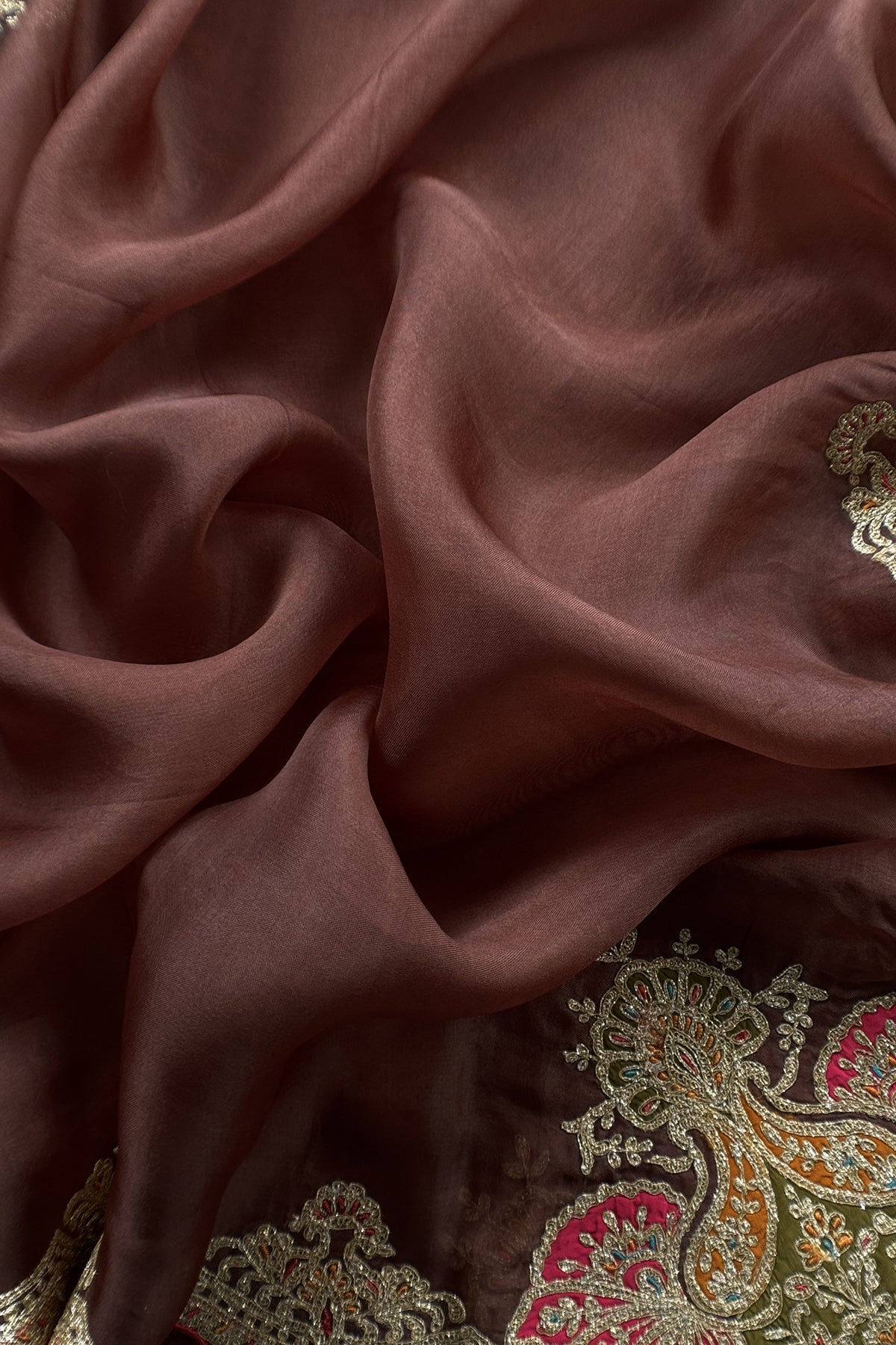 Brown Pure Silk Suit With Gota Tilla Embroidery