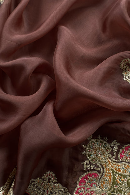 Brown Pure Silk Suit With Gota Tilla Embroidery