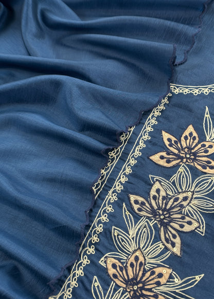 Royal Blue Satin Silk Suit Fabric With Dori And Zardosi Embroidery