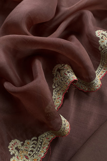 Brown Pure Silk Suit With Gota Tilla Embroidery
