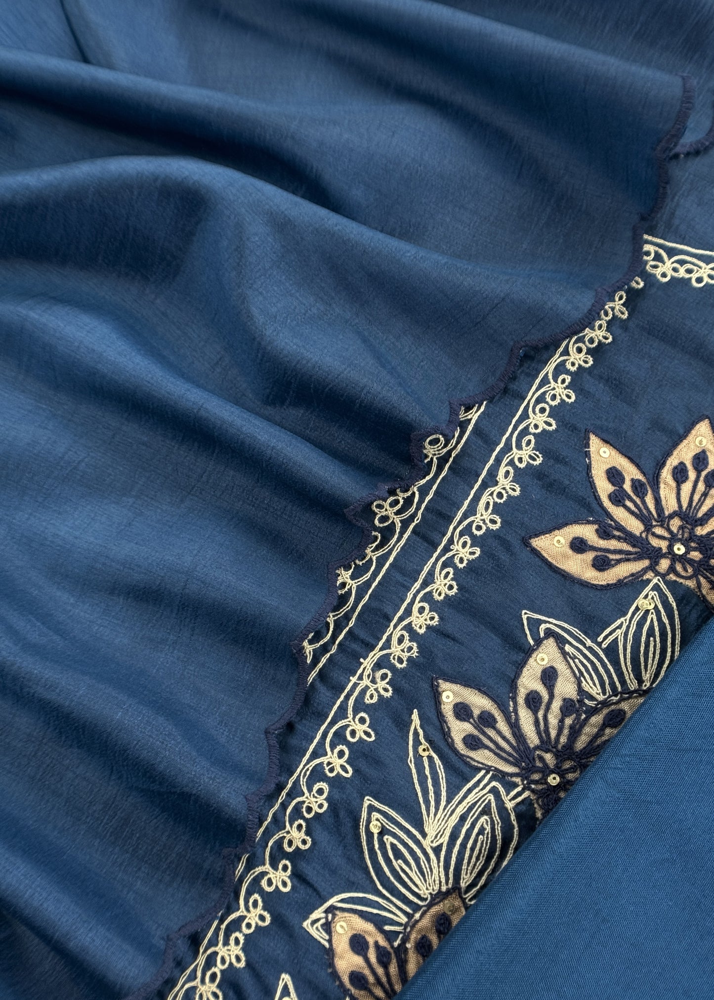 Royal Blue Satin Silk Suit Fabric With Dori And Zardosi Embroidery