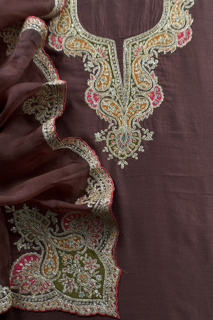 Brown Pure Silk Suit With Gota Tilla Embroidery