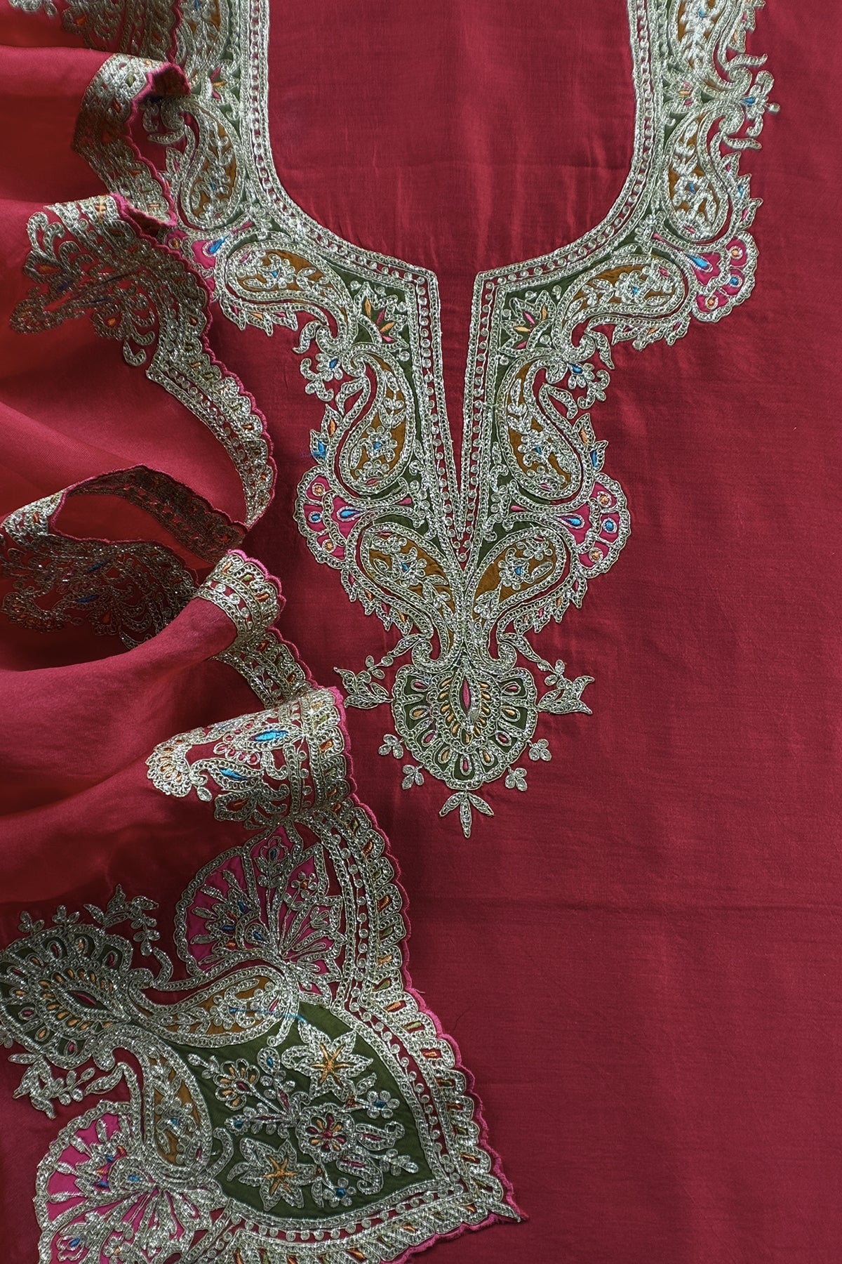 Red Pure Silk Suit With Gota Tilla Embroidery