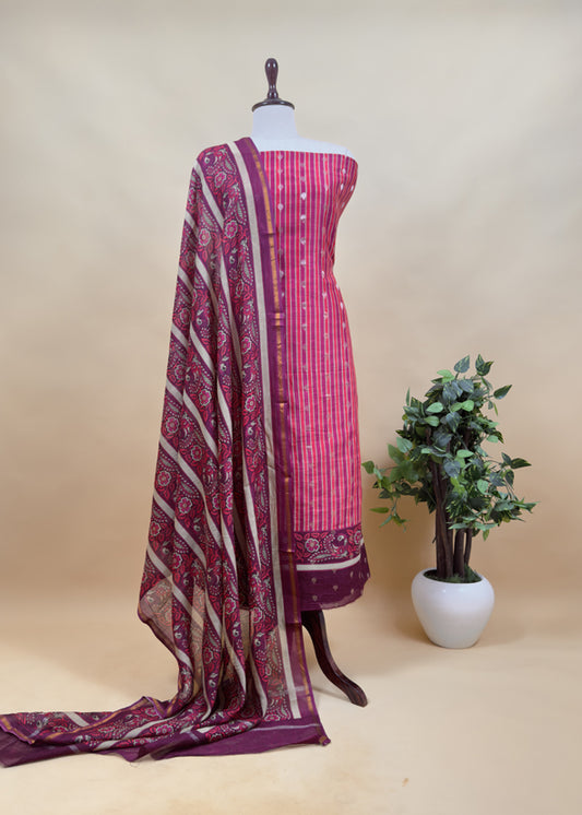 Wine Pure Maheshwari Silk Unstitched Suit fabric with Banarasi bootis and Kalamkari print