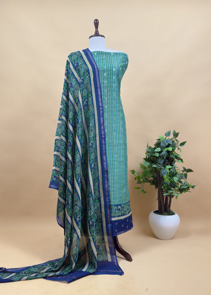 Blue Pure Maheshwari Silk Unstitched Suit fabric with Banarasi bootis and Kalamkari print