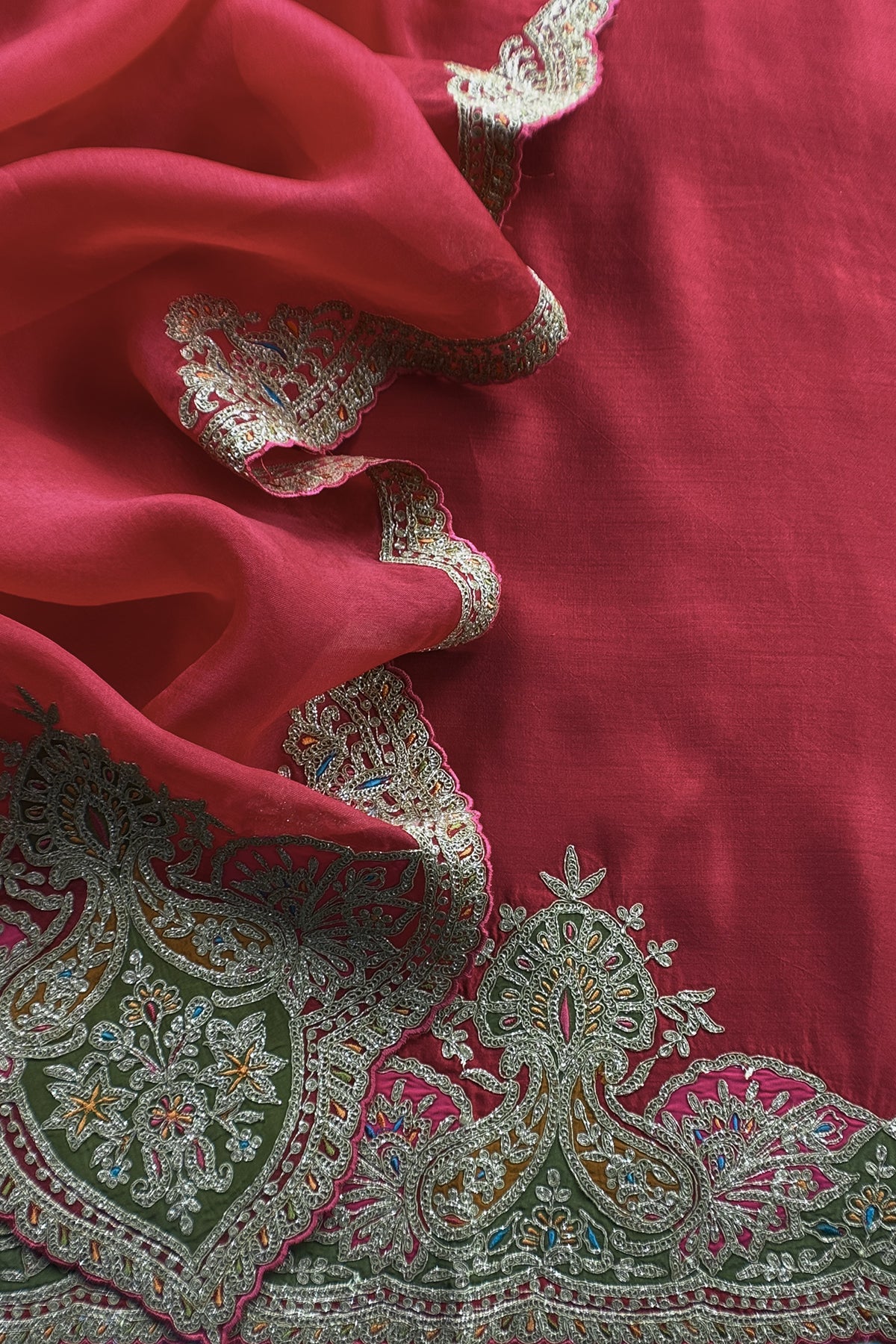 Red Pure Silk Suit With Gota Tilla Embroidery