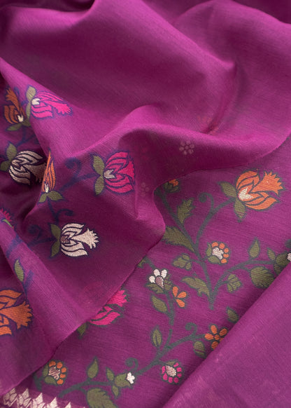 Purple Floral Jamdani Weave Unstitched Chanderi Suit
