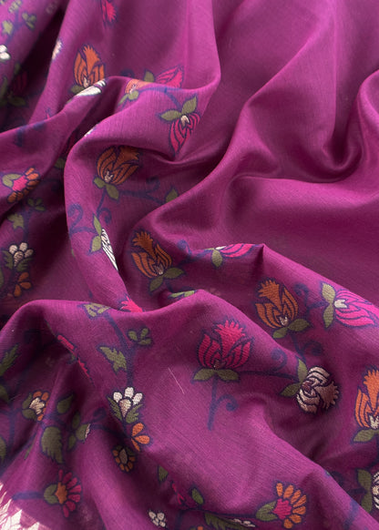 Purple Floral Jamdani Weave Unstitched Chanderi Suit