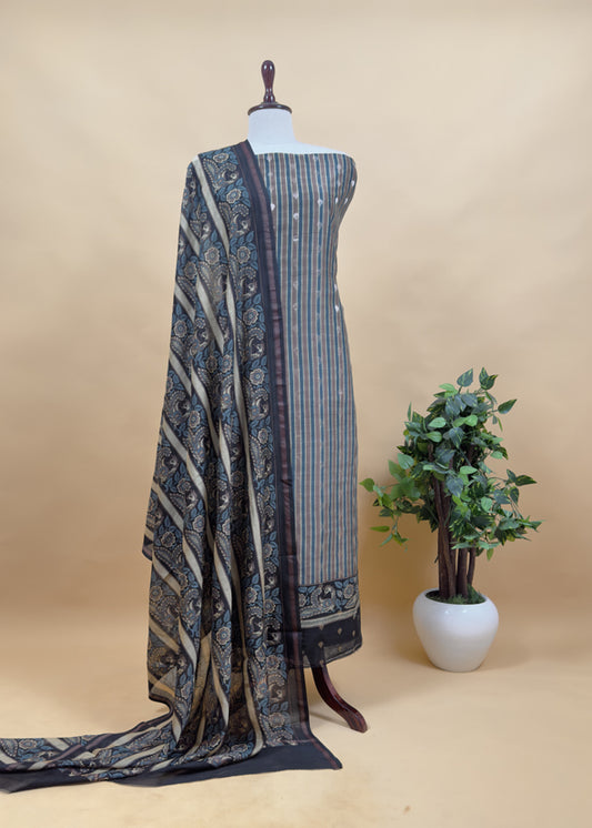Blacjk Pure Maheshwari Silk Unstitched Suit fabric with Banarasi bootis and Kalamkari print