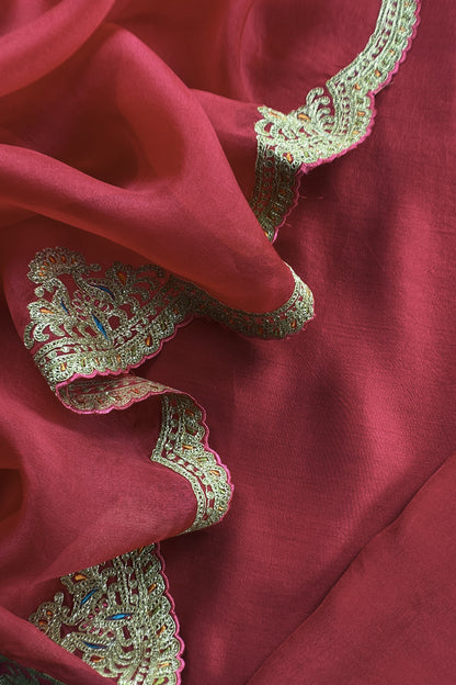 Red Pure Silk Suit With Gota Tilla Embroidery