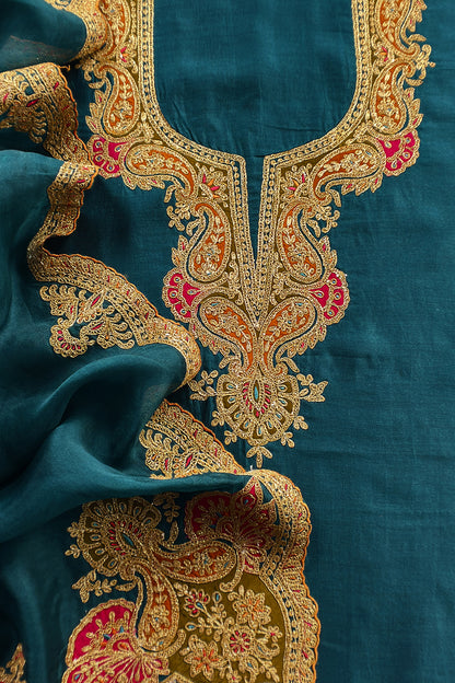 Teal Blue Pure Silk Suit With Gota Tilla Embroidery