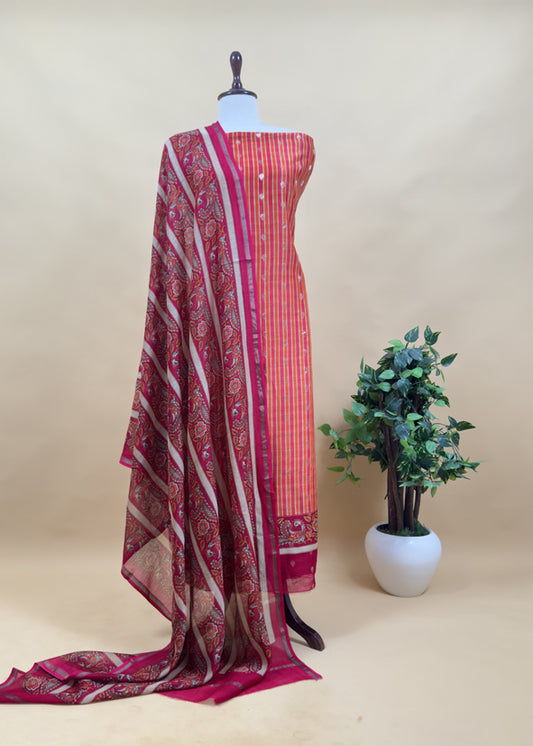 Red Pure Maheshwari Silk Unstitched Suit fabric with Banarasi bootis and Kalamkari print
