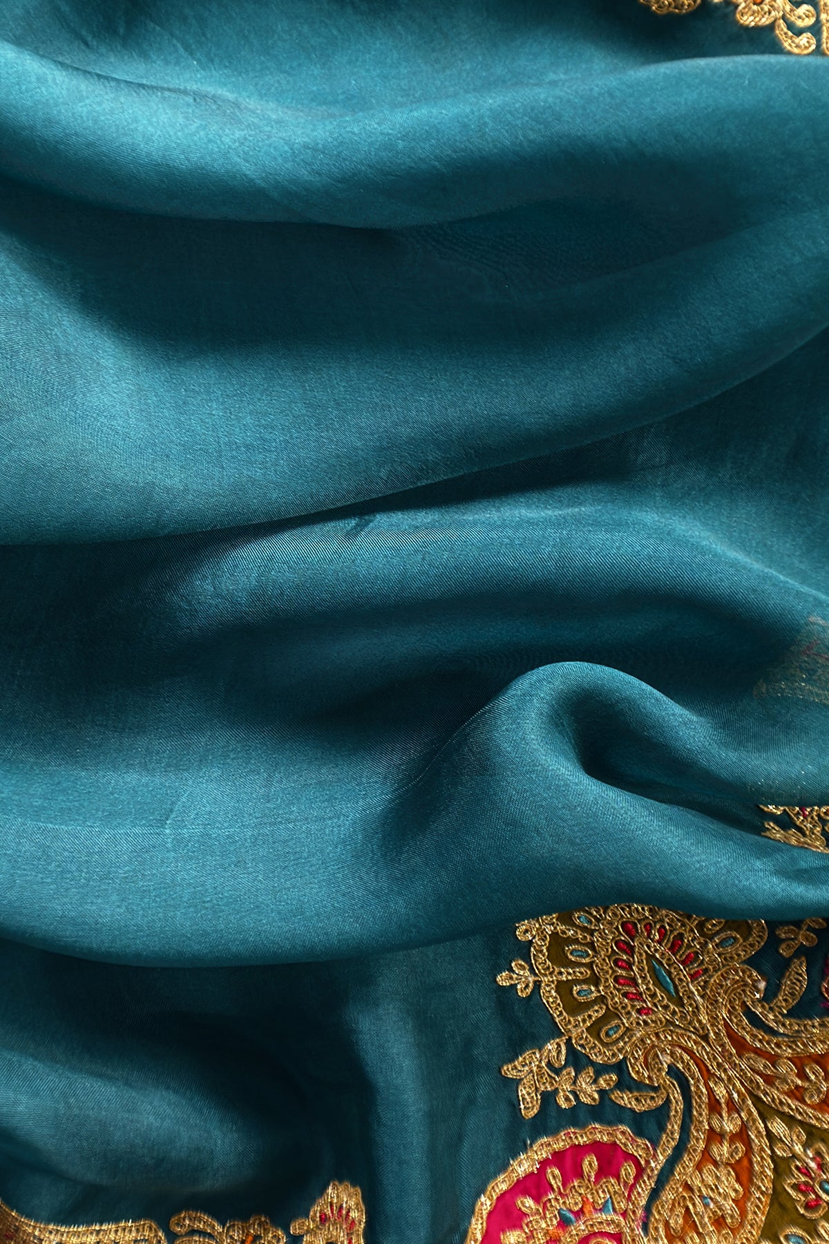 Teal Blue Pure Silk Suit With Gota Tilla Embroidery