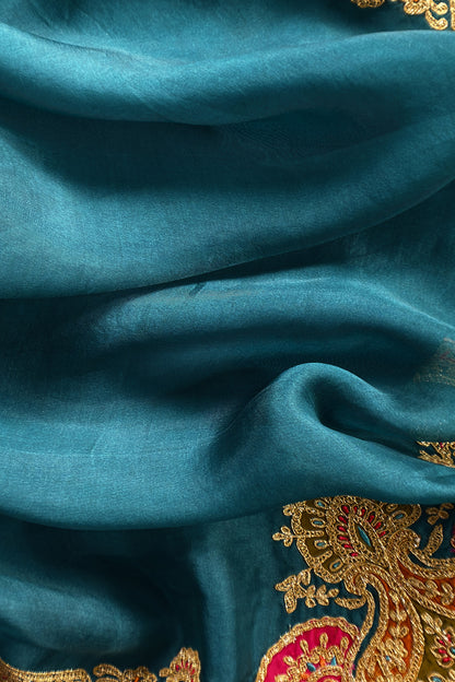 Teal Blue Pure Silk Suit With Gota Tilla Embroidery