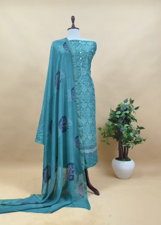 Firozi Pure Maheshwari Silk Suit With Banarasi Bootis